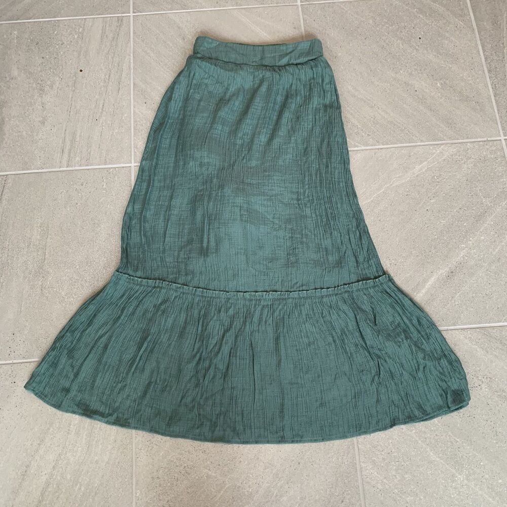 Linen Teal Blue Maxi Skirt Size S Elastic Waist